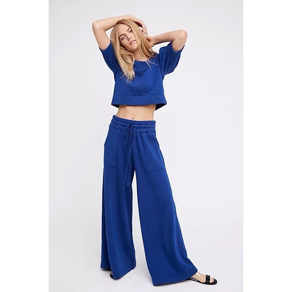 Free People FP Beach Pants Blue Drawstring Elastic Waist USA S Wide Leg Crop New